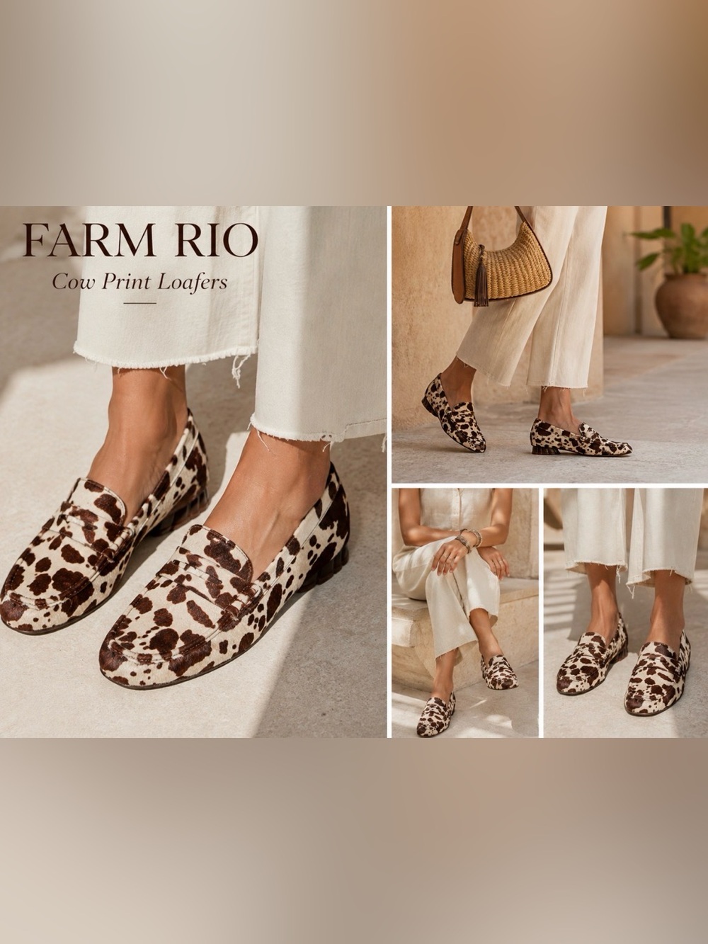 FARM Rio Monstera Heel Cow-Print Penny Loafers in Brown & Cream, NIB, Various - Picture 1 of 16